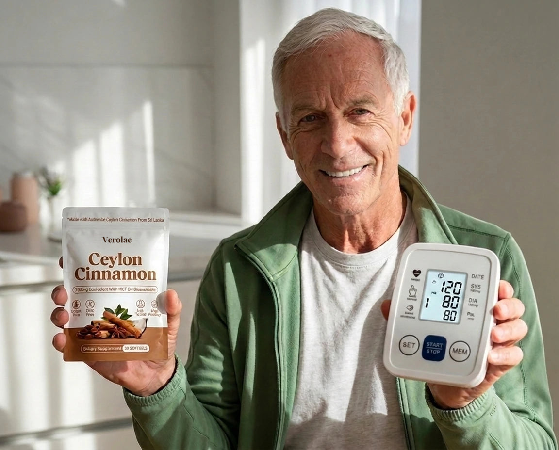 Verolae Ceylon Cinnamon softgels held beside a home blood pressure monitor