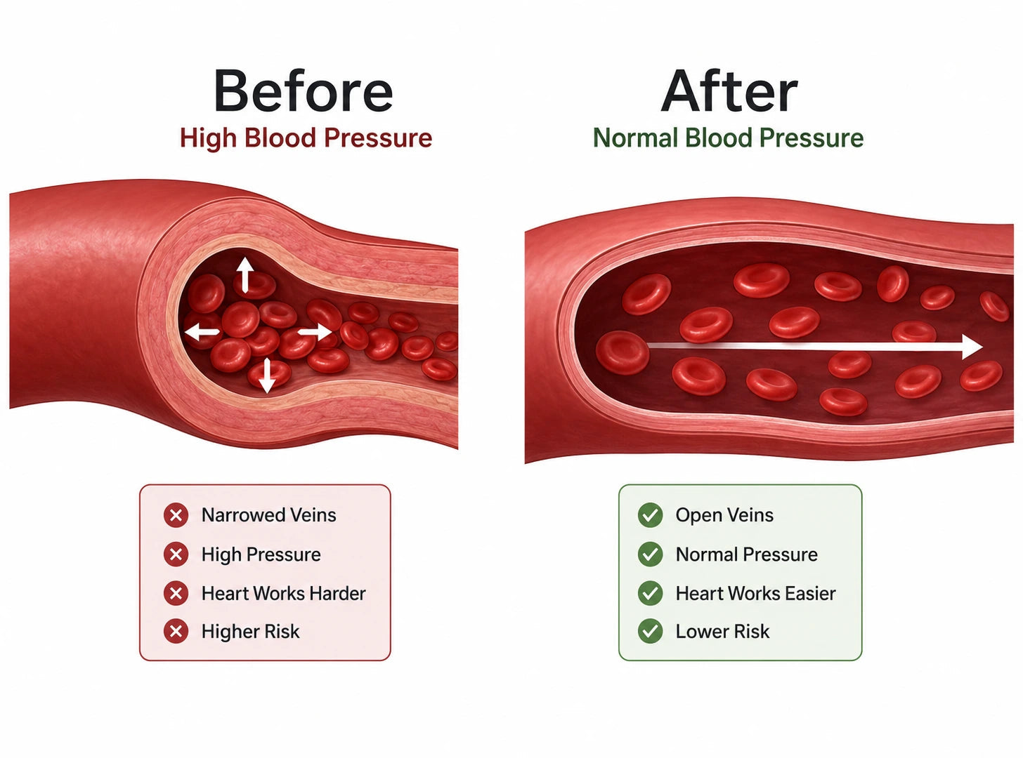 Diagram comparing a narrowed blood vessel under high blood pressure with an open vessel at a normal blood pressure