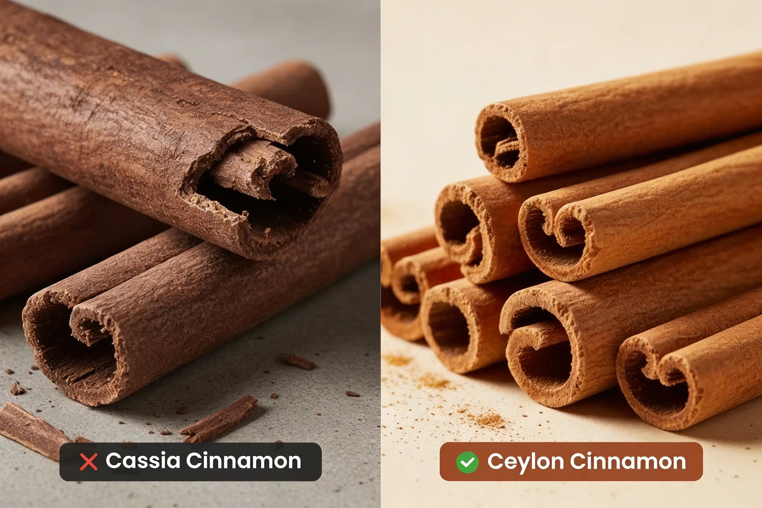 Side-by-side comparison of thick, dark cassia cinnamon quills and thin, layered Ceylon cinnamon quills