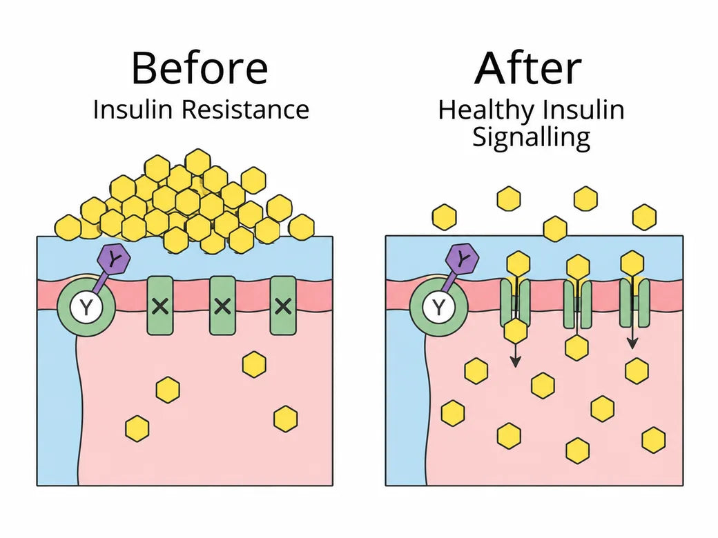Diagram comparing insulin resistance with healthy insulin signalling
