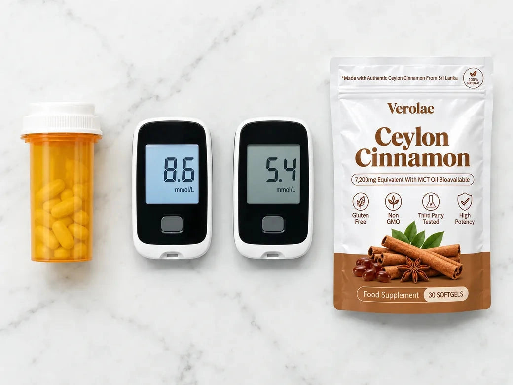 Blood glucose meters and Verolae Ceylon Cinnamon on a pale worktop