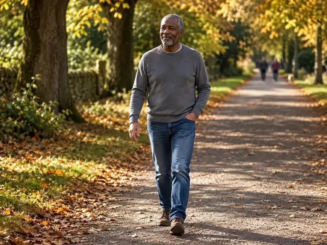 Man walking along a tree-lined path in an English park