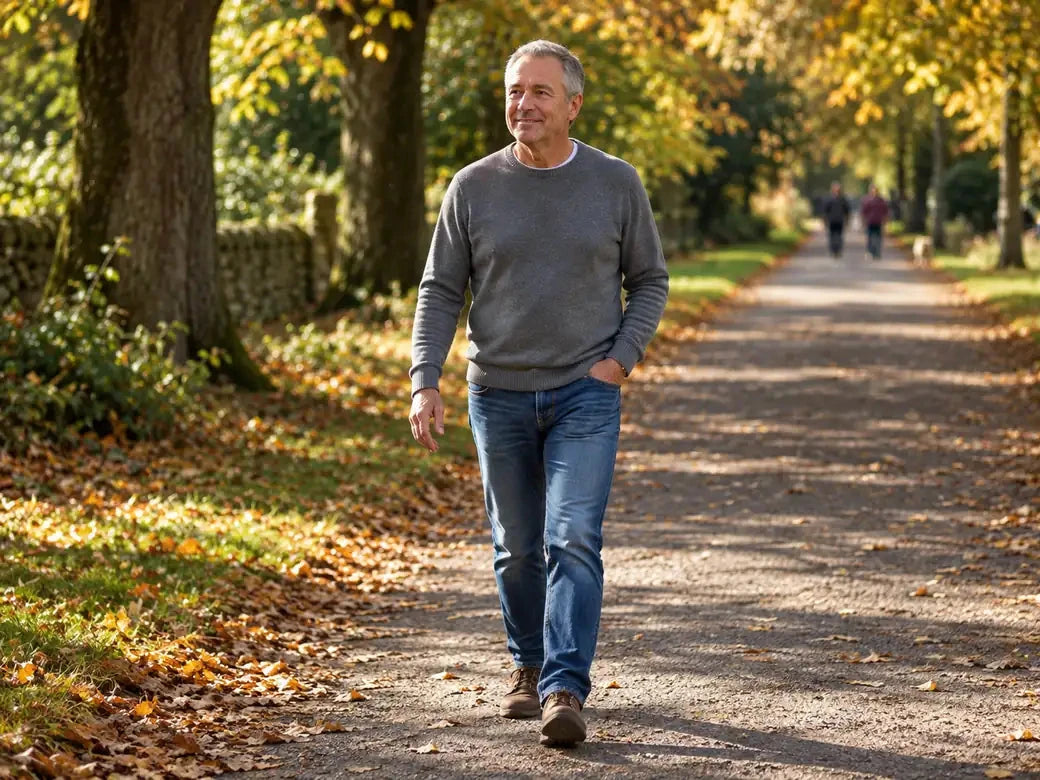 Man in his sixties walking at an easy pace along a tree-lined park path