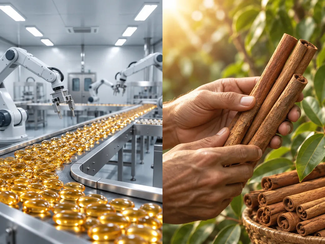 Split image of a pharmaceutical tablet production line beside a farmer harvesting Ceylon cinnamon bark by hand