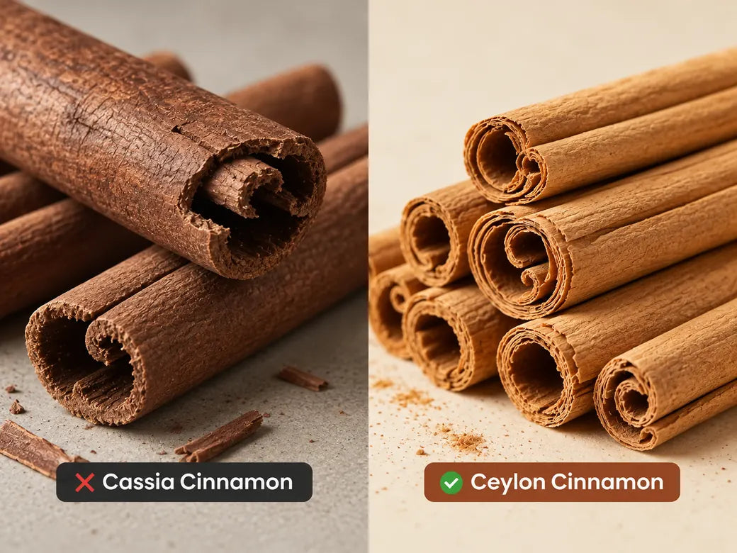 Side-by-side comparison of thick, dark cassia cinnamon quills and thin, layered Ceylon cinnamon quills