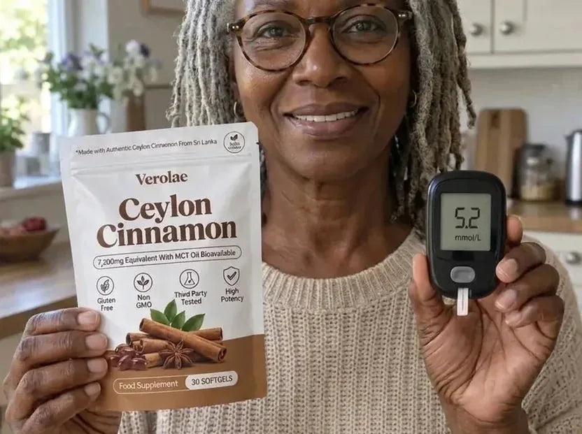 Verolae Ceylon Cinnamon softgels beside a home blood glucose meter