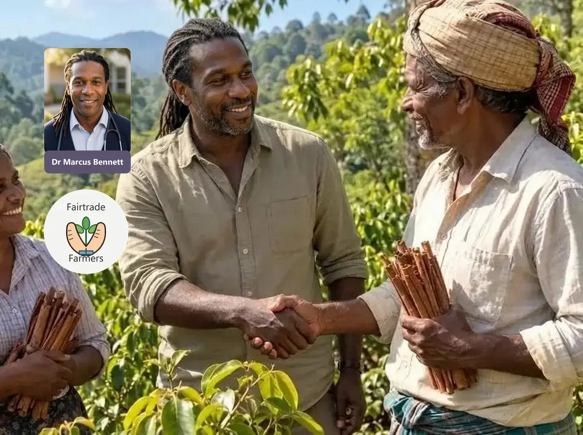 Dr Marcus Bennett shaking hands with a Ceylon cinnamon farmer in Sri Lanka