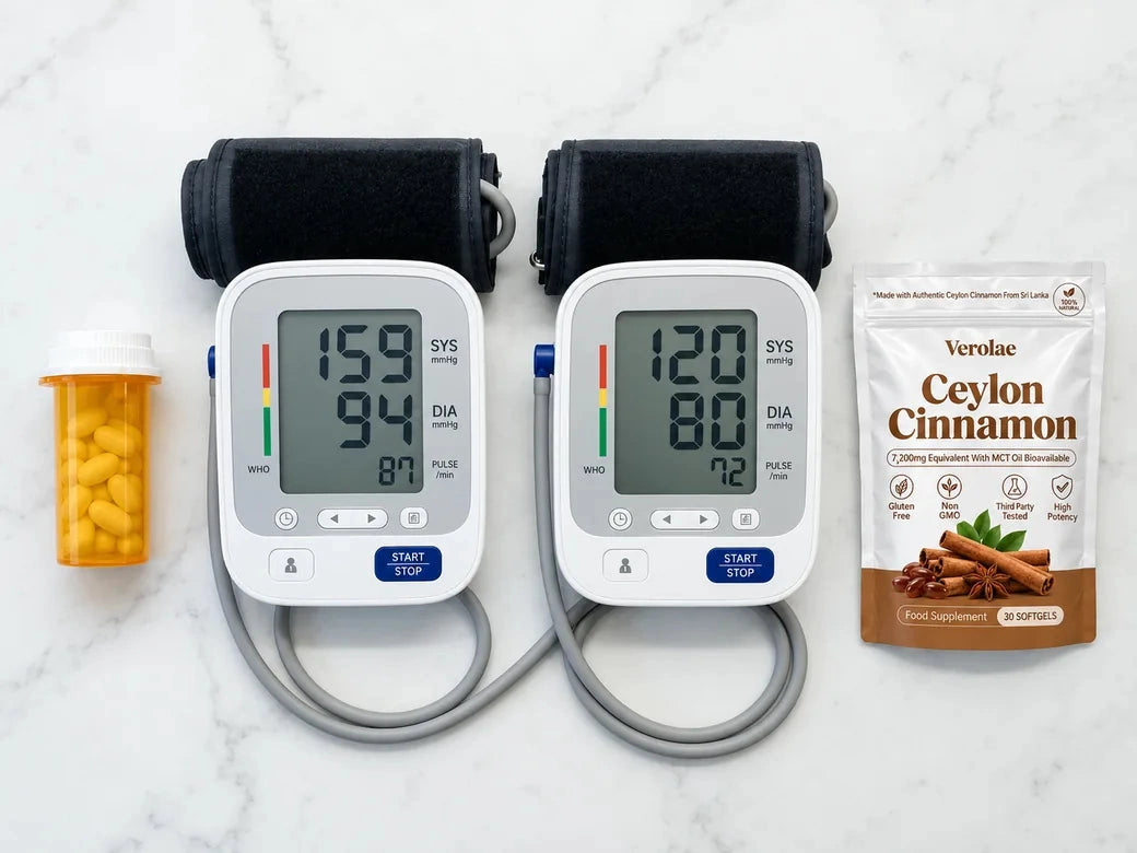 Two blood pressure monitors showing a high and a healthy reading, beside a Verolae Ceylon Cinnamon pouch