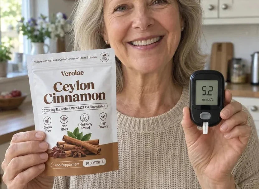 Verolae Ceylon Cinnamon softgels held beside a home blood glucose meter
