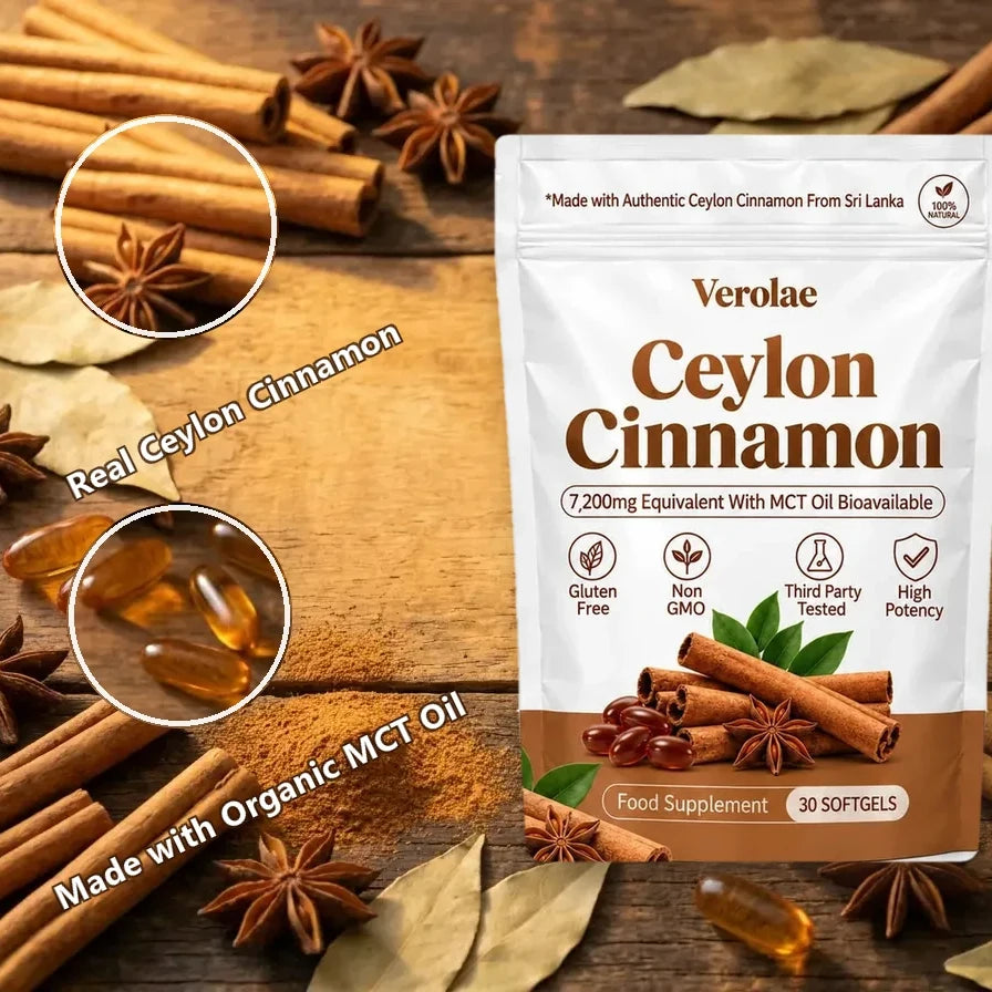 Verolae Ceylon Cinnamon pouch with cinnamon quills, star anise and MCT oil softgels