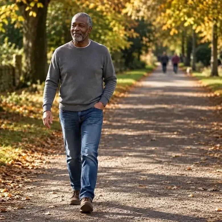Man in his sixties walking at an easy pace along a tree-lined park path