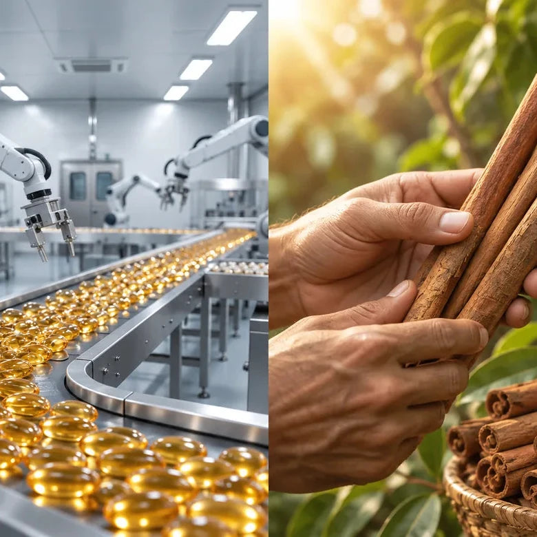 Softgel production line beside a hand holding Ceylon cinnamon quills