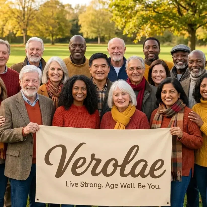 Group of Verolae customers holding a Verolae banner in a park