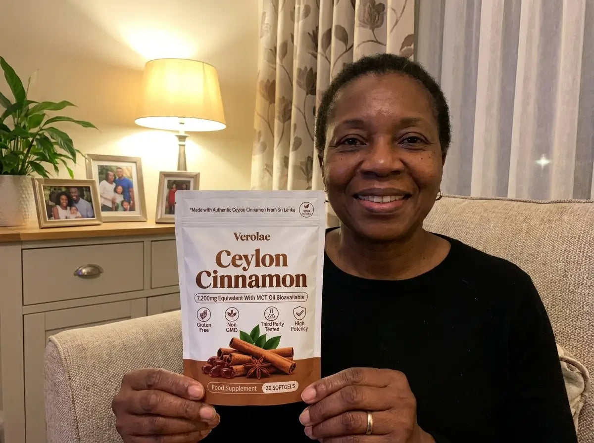 Verolae customer holding the Ceylon Cinnamon pouch in her living room