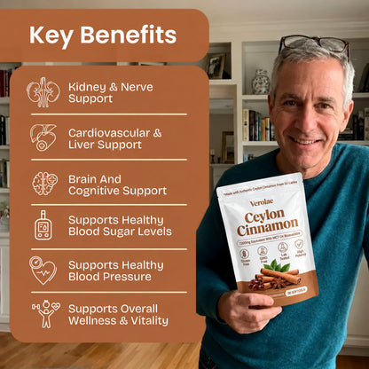 Key benefits of Verolae Ceylon Cinnamon, listed beside a customer holding the pouch