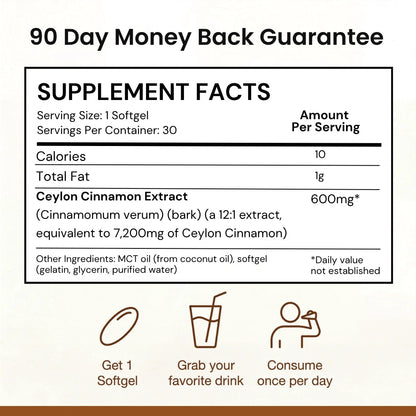 Verolae Ceylon Cinnamon supplement facts panel and 90-day money-back guarantee