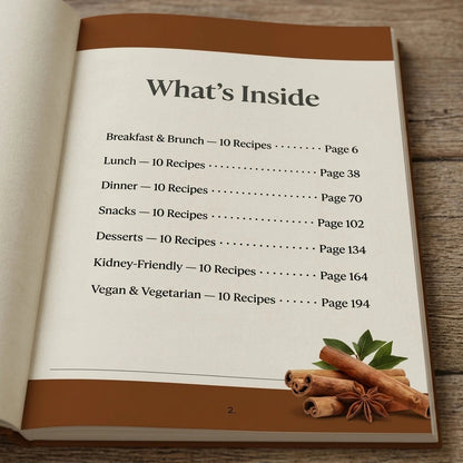 Verolae recipe e-book contents page listing the six recipe chapters