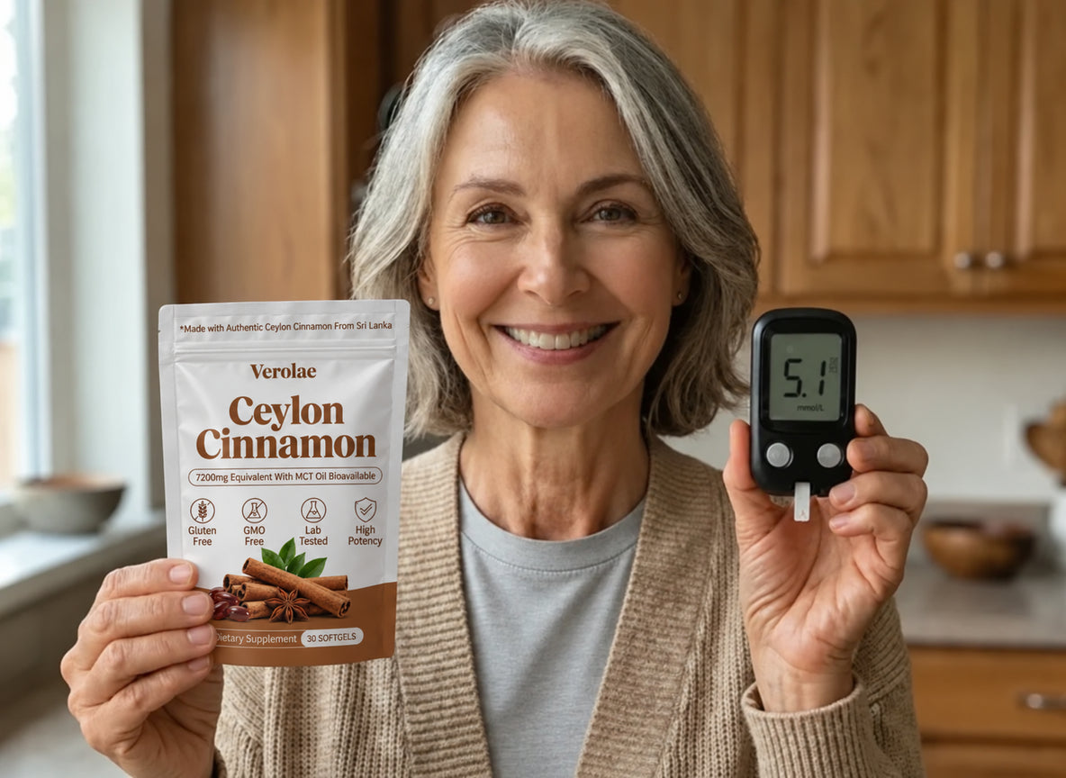 Verolae Ceylon Cinnamon softgels held beside a home blood glucose meter