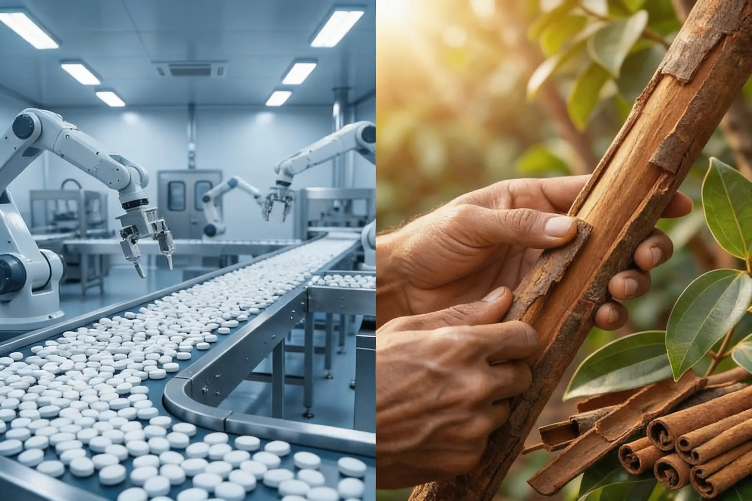 Split image of a pharmaceutical tablet production line beside a farmer harvesting Ceylon cinnamon bark by hand