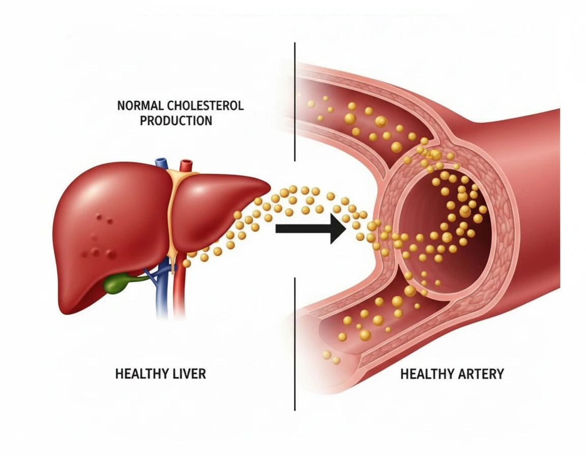 Diagram of a healthy liver producing cholesterol that passes freely through a healthy artery