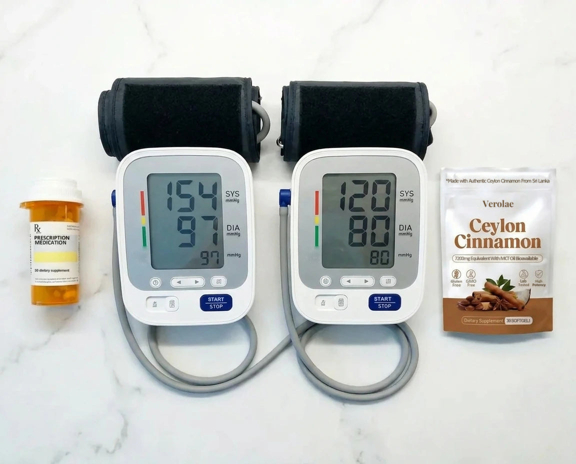 Two home blood pressure monitors showing a high and a normal reading, beside a Verolae Ceylon Cinnamon pouch