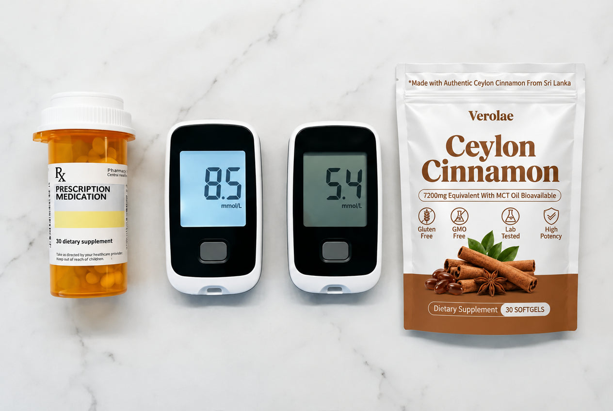 Two blood glucose meters showing a high and a normal reading, beside a Verolae Ceylon Cinnamon pouch
